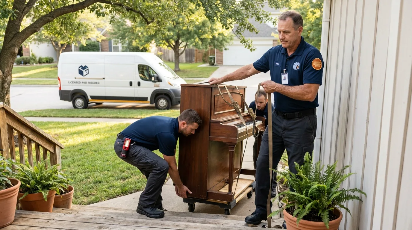 Licensed piano movers securing grand piano in Colorado Springs, CO