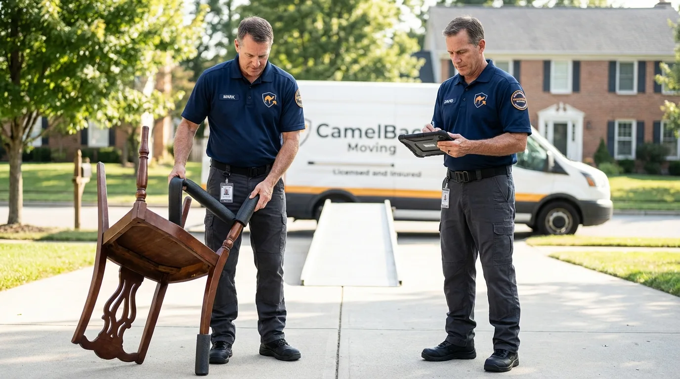 Movers inspecting furniture for damage prevention before loading in Colorado Springs, CO