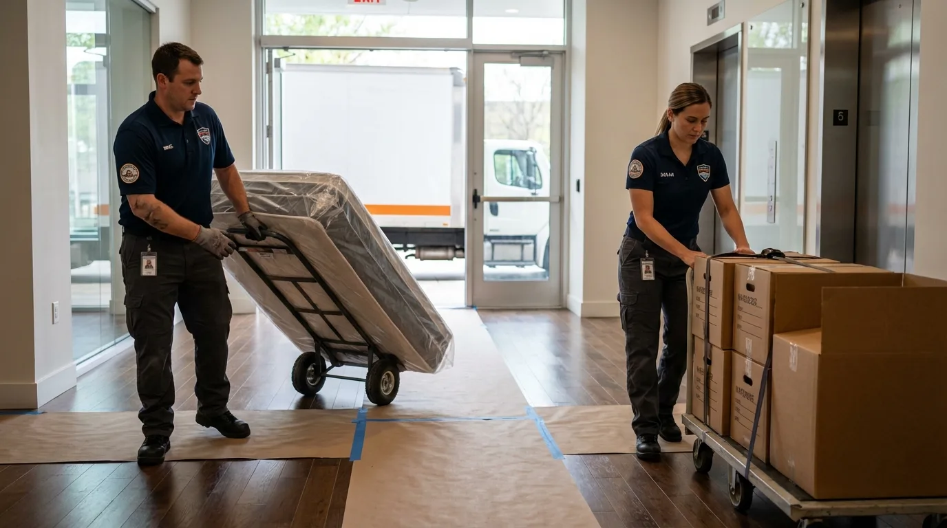 Professional apartment movers loading elevator in Colorado Springs, CO