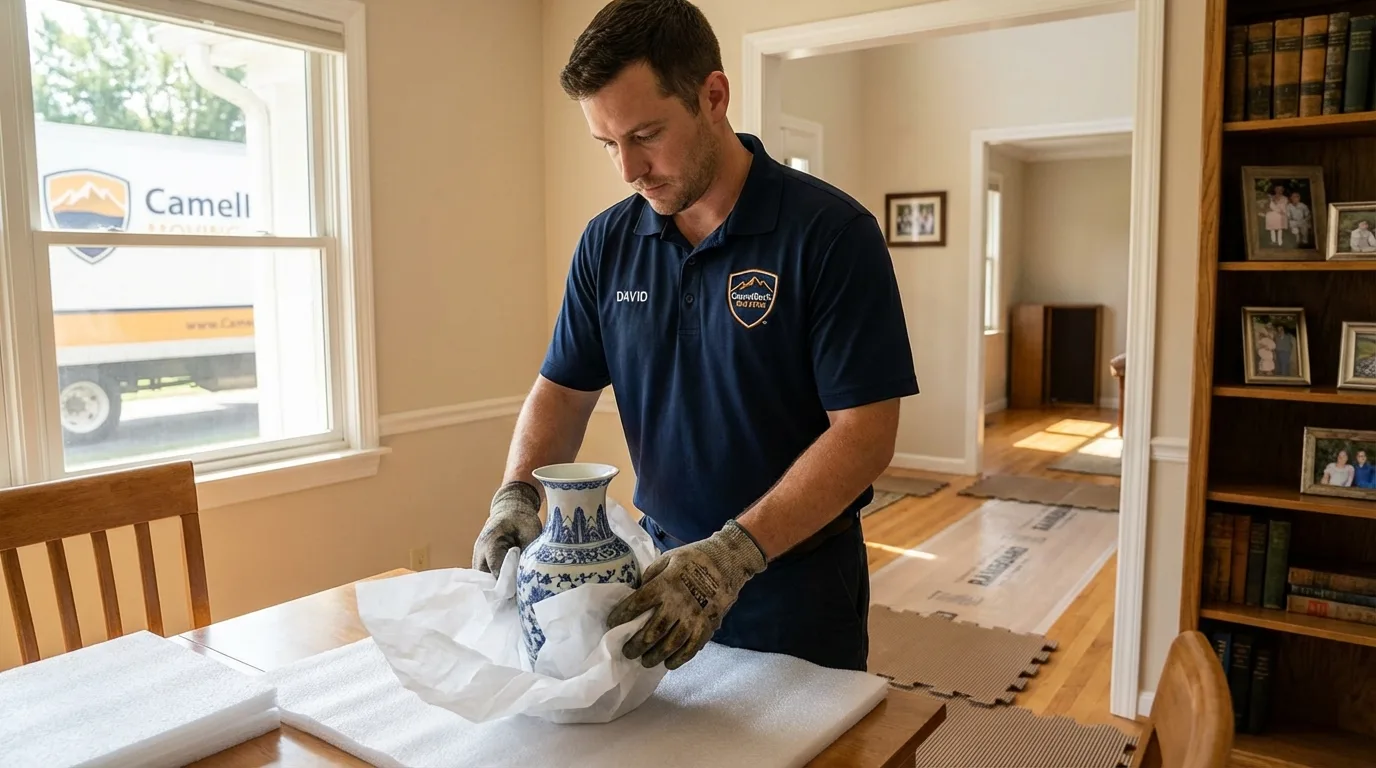 Professional crew carefully wrapping antique vase for senior downsizing move in Colorado Springs, CO